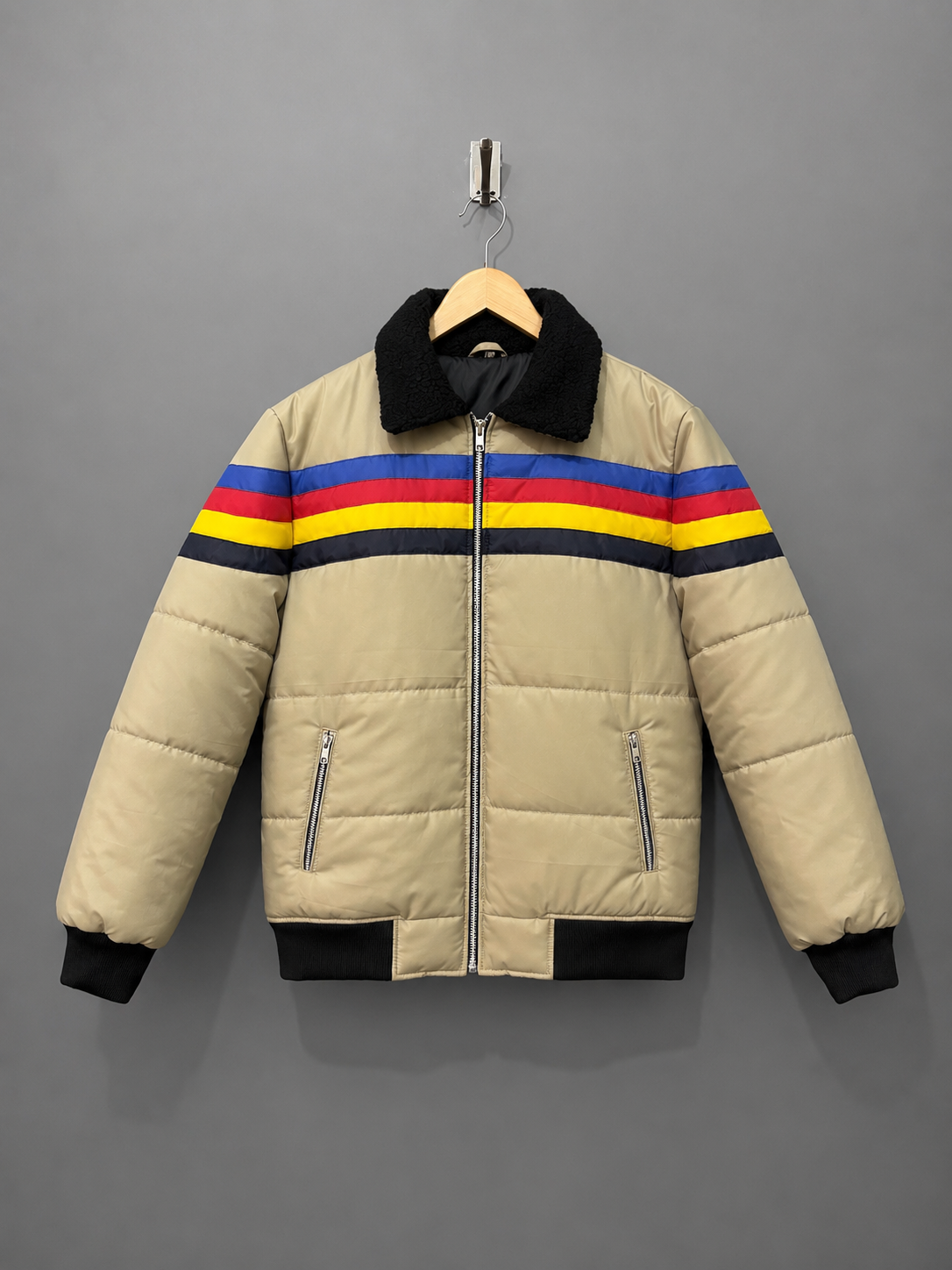 Retro Rainbow Striped Puffer Jacket - Image 1